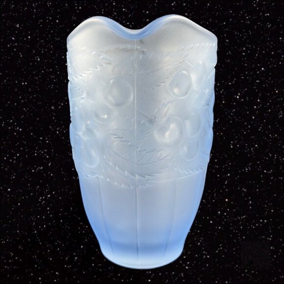 Vintage Light Blue Satin Frosted Glass Raised Cherries Leaves Carafe Pitcher Jug - Picture 7 of 12